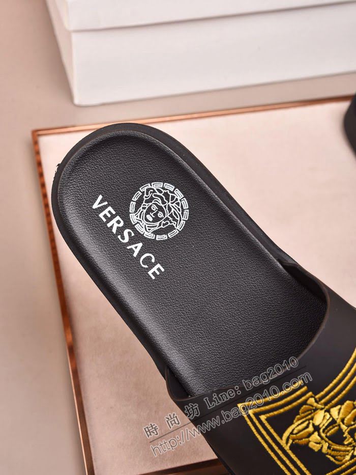 VERSACE男鞋 範思哲新款沙灘拖鞋 牛皮配品牌logo刺繡人頭拼接拖鞋  jpx2201